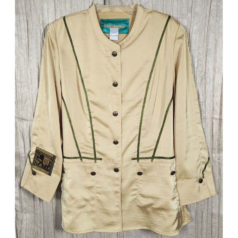 AW Alain Weiz Womens 18 Gold Yellow Mandarin Collar Jacket Lucky Elephant France